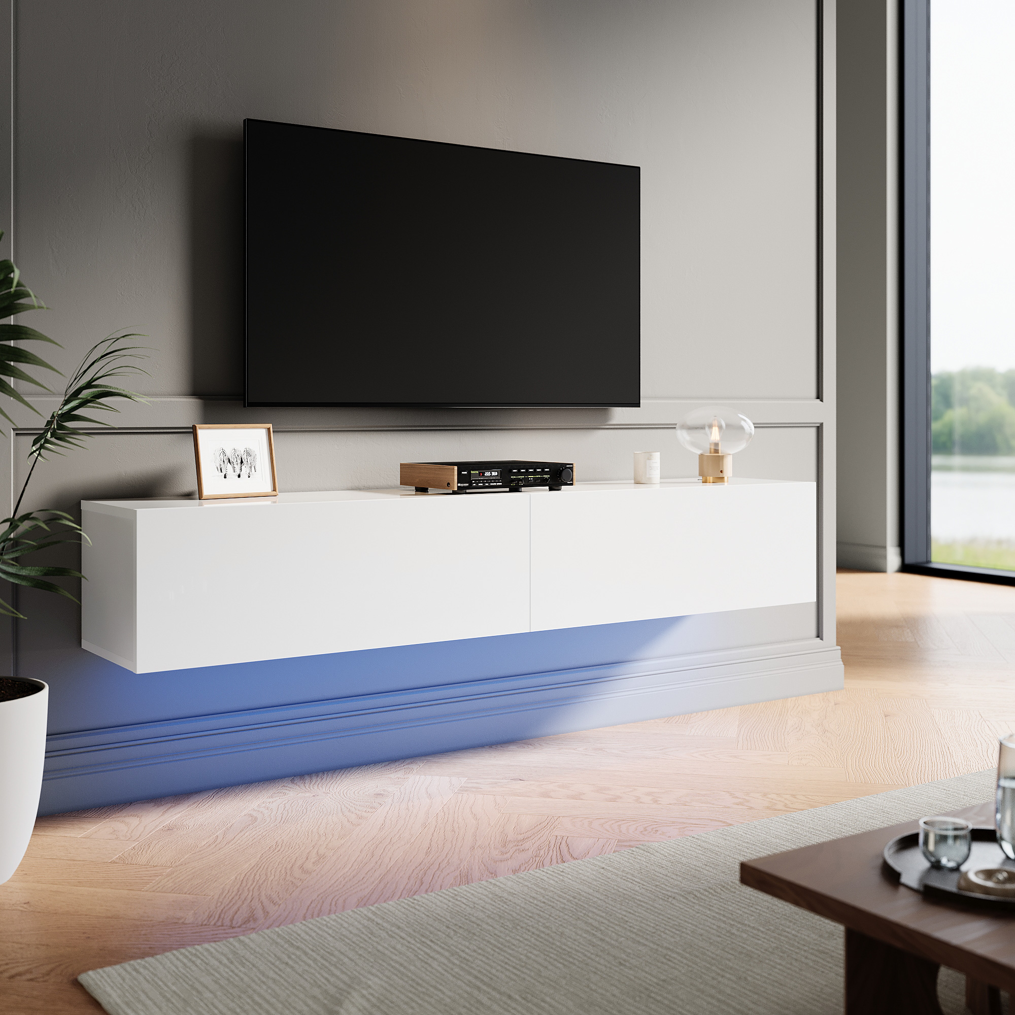 ELEGANT Modern LED TV Stands Wall Hanging Cabinet Solid Wood Floating ...